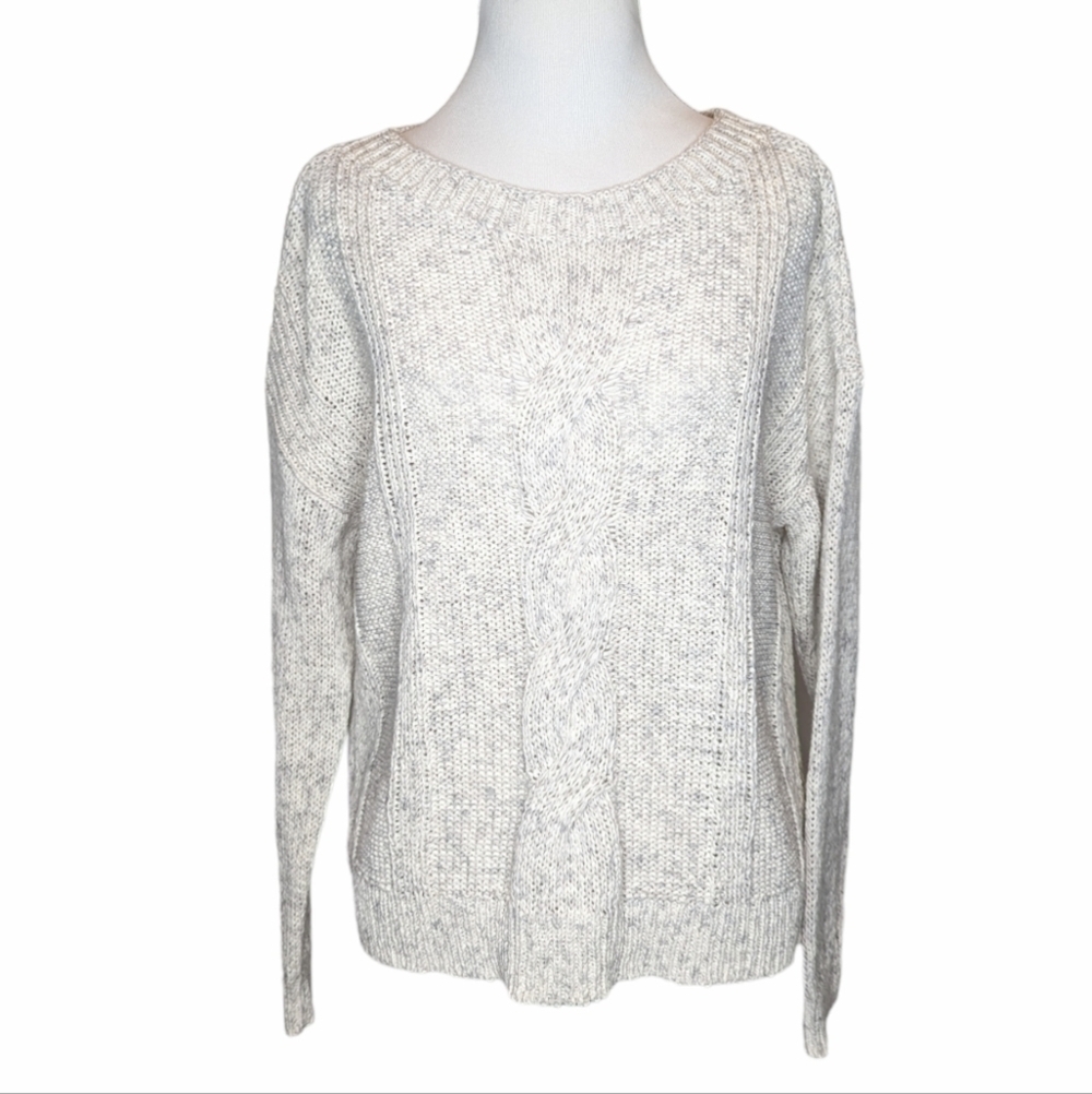 Eileen Fisher cable knit sweater white gray soft loose long sleeve crew size S
